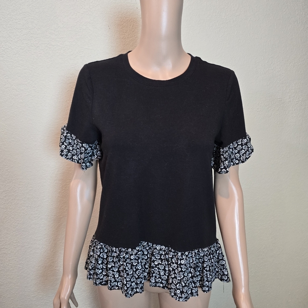 Kate Spade Women's Black Ruffle-Hem Short Sleeve Top Xs